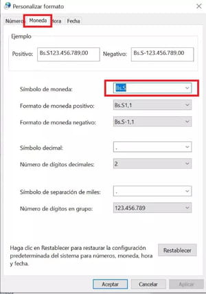 Cambiar el formato de moneda en Windows 10