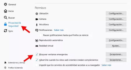 Bloquear ventanas de publicidad emergente en Firefox