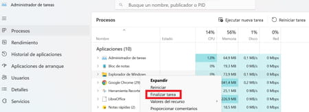 Reiniciar el explorador de archivos