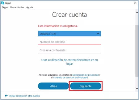 Crear cuenta gratuita en Skype