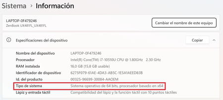 Tipo de sistema en Windows