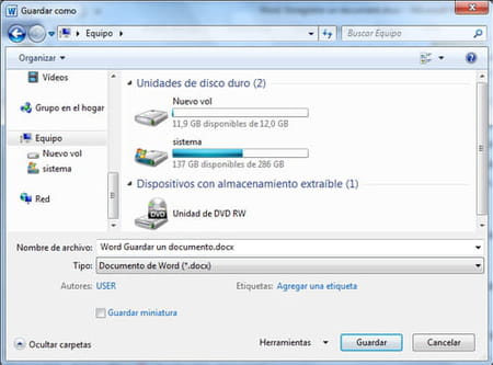 Guardar un documento en Word 2010