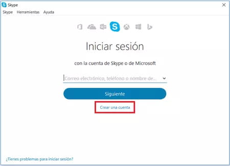 Crear cuenta gratuita en Skype