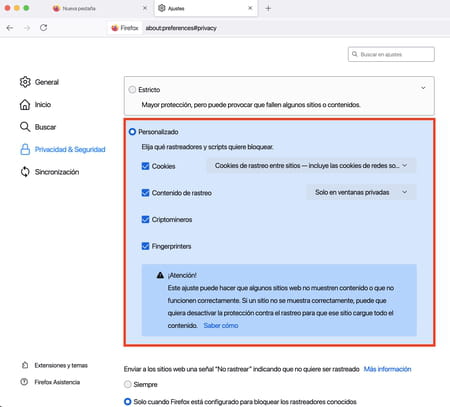 Cómo configurar los parámetros de protección y bloqueo de webs en Mozilla Firefox