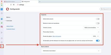 Otras configuraciones para personalizar la apariencia de Opera