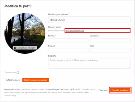 Cambiar nombre y URL de SoundCloud en el navegador web