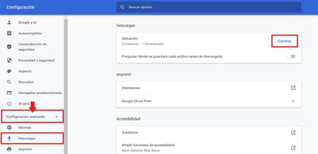 Cambiar carpeta de descargas en Google Chrome