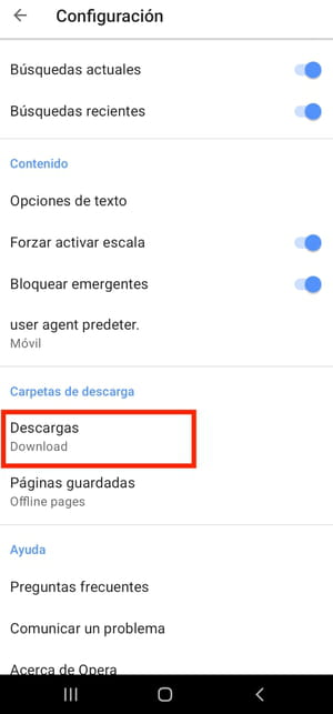 Cómo cambiar la carpeta de descargas de Opera en Android