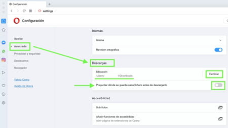 Cambiar la carpeta de descargas en Opera