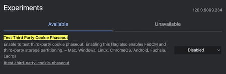Google Chrome flags test third party cookie phaseout