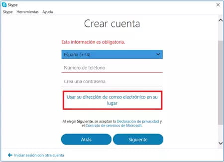 Crear cuenta gratuita en Skype