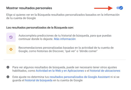 Desactivar la opción Mostrar resultados personales para desactivar los resultados personalizados en Google Discover