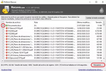 Recuperar archivos con Recuva