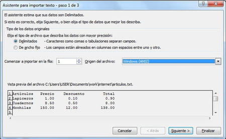 Importar archivo de datos de texto en Excel 