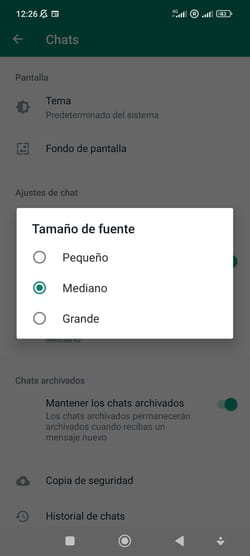 Cambiar el tamaño de la fuente en WhatsApp