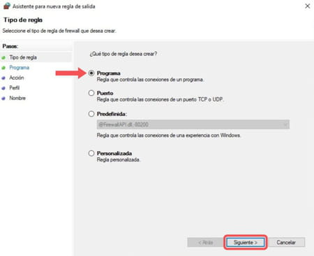 Configurar el firewall para bloquear la conexión de un programa