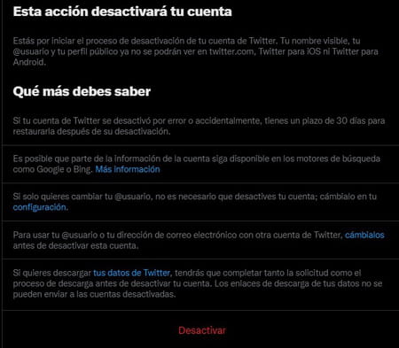 Desactivar una cuenta de Twitter