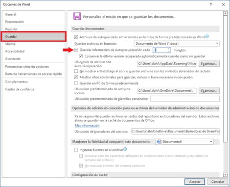 Cómo se ajusta el tiempo de Autorrecuperación de Word