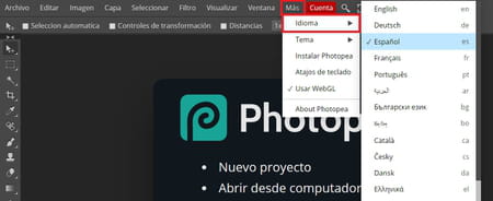 Cambiar idioma en Photopea