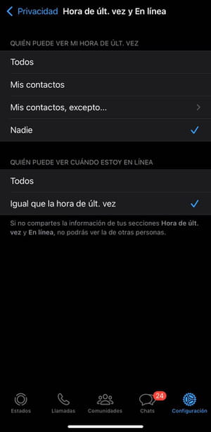 Ocultar en línea de WhatsApp