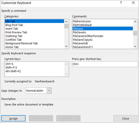 assign shortcuts outlook