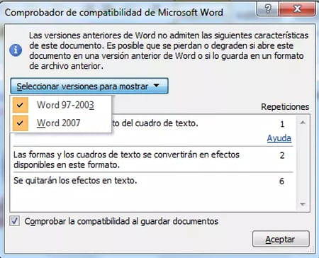 Comprobar compatibilidad de versiones en Word