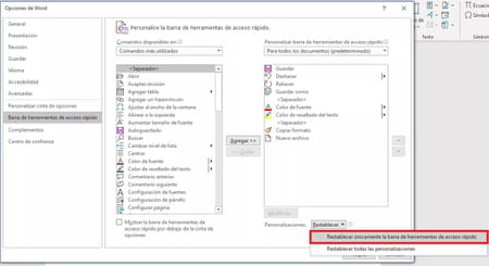 Anular los cambios que hiciste en la barra de herramientas de Word