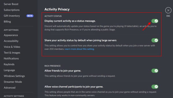 Discord Activity status hide games