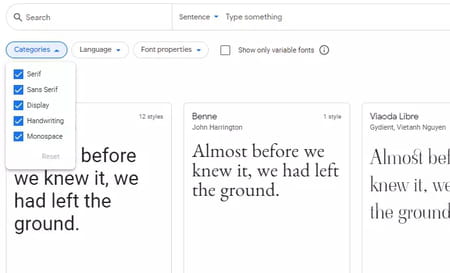 Filtros para buscar fuentes en Google Fonts