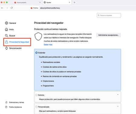 Cómo configurar los parámetros de protección y bloqueo de webs en Mozilla Firefox