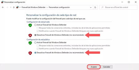 Desactivar el firewall de Windows