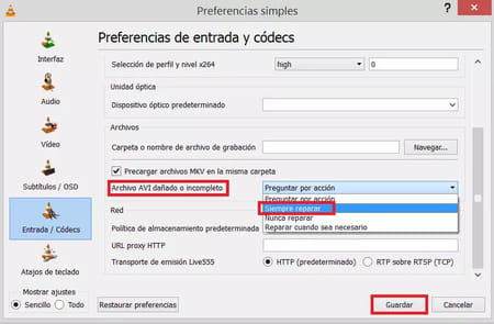 Configurar VLC para que repare automáticamente cualquier error de archivos dañados