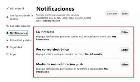 Cómo desactivar tus notificaciones web en Pinterest