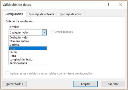 Insertar listas desplegables en Excel