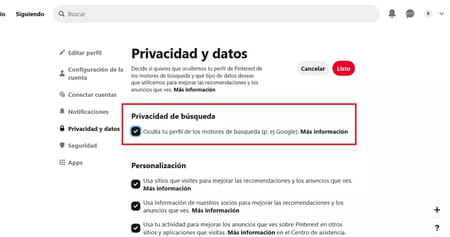 Eliminar tu perfil de Pinterest de los resultados de motores de búsqueda