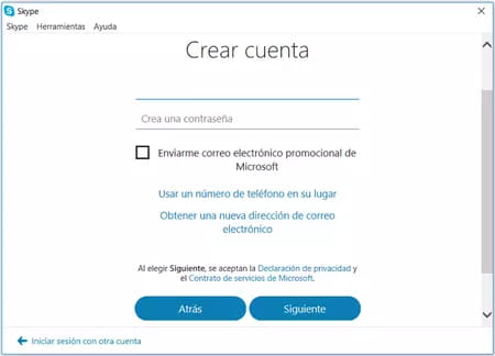 Crear cuenta gratuita en Skype