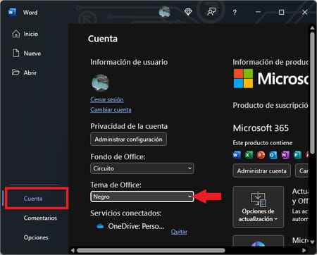 Poner el modo oscuro de Word